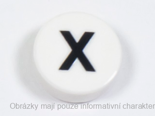 98138pb233 White Tile, Round 1 x 1 with Black Capital Letter X